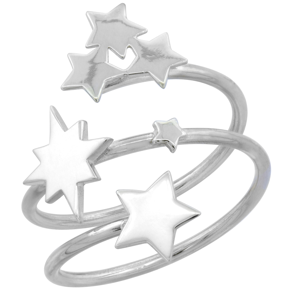 Sterling Silver Stars Wrap High Polished Ring 13/16 inch wide sizes 6 - 9