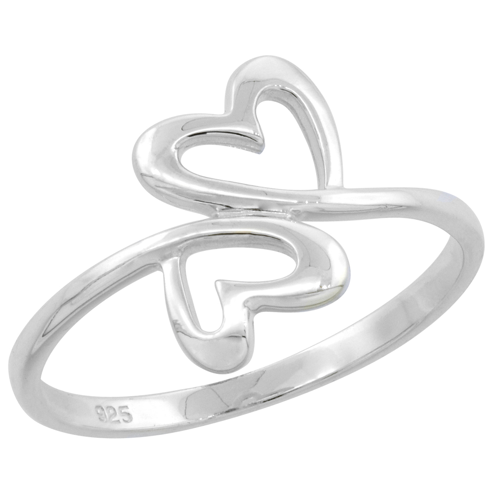 Sterling Silver Open Twin Hearts High Polished Ring 3/8 inch wide, sizes 6 - 9 with half sizes
