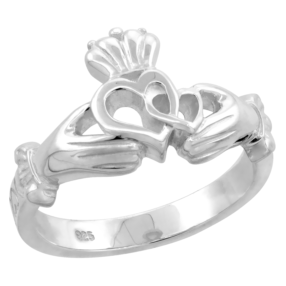 Small Sterling Silver Claddagh Ring For women with Two Hearts Flawless Polished Finish 1/2 inch wide sizes 6-9