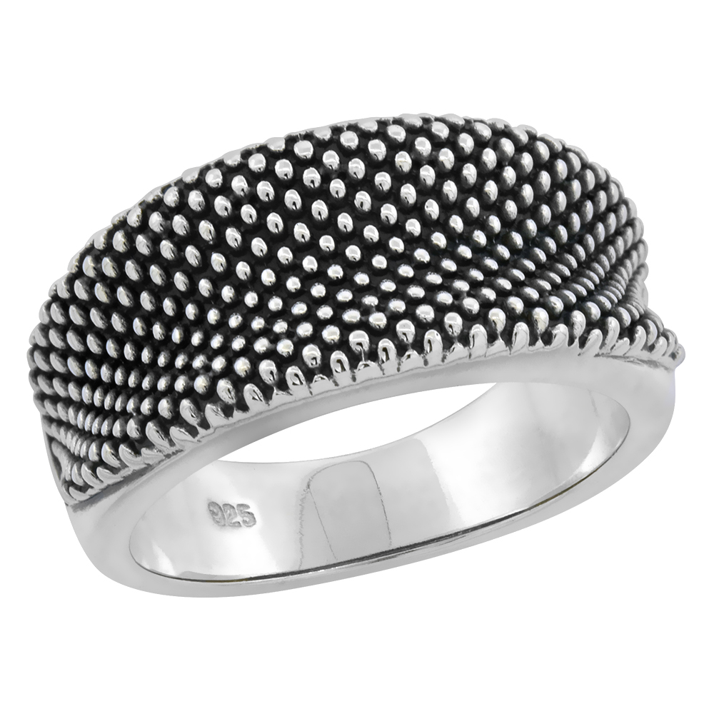 Sterling Silver Concave Beaded High Polished Ring 3/8 inch wide sizes 6 - 9 with half sizes