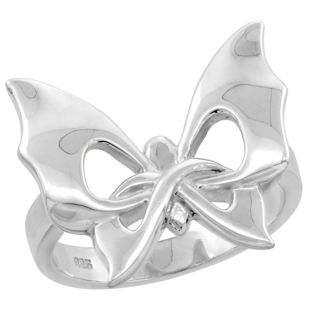 Sterling Silver Large Butterfly High Polished Ring 11/16 inch wide, sizes 6 - 9 with half sizes