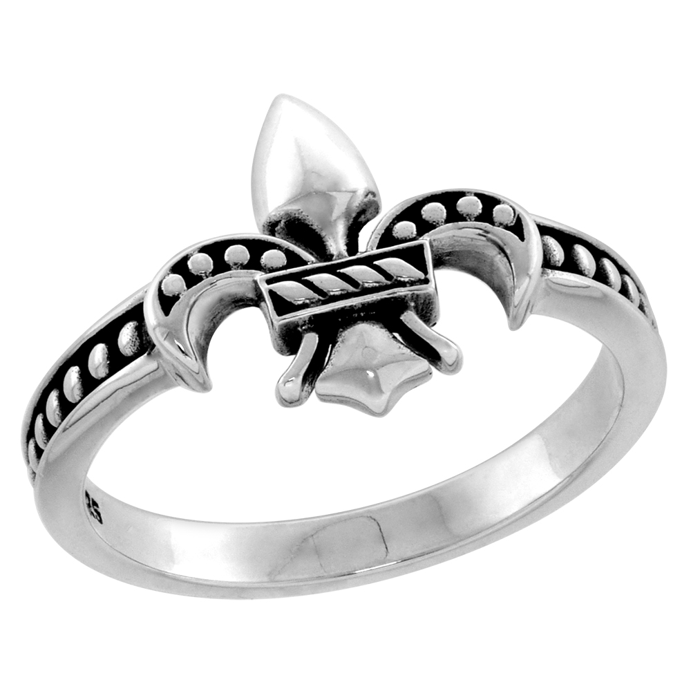 Dainty Sterling Silver Fleur de Lis Ring for Women &amp; Girls Flawless Polished Antiqued Finish 1/2 inch wide size 6-9