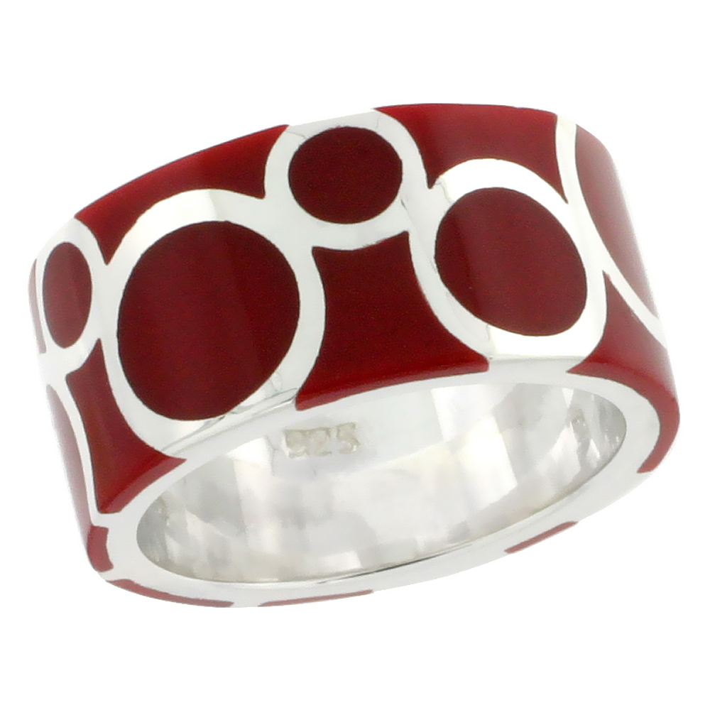 Sterling Silver High Polished Circles Ring Red Enamel 3/8 inch wide, sizes 6 to 10