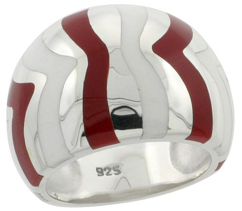 Sterling Silver High Polished Domed Ring Red &amp; White Stripes Enamel 5/8 inch wide, sizes 6 to 10