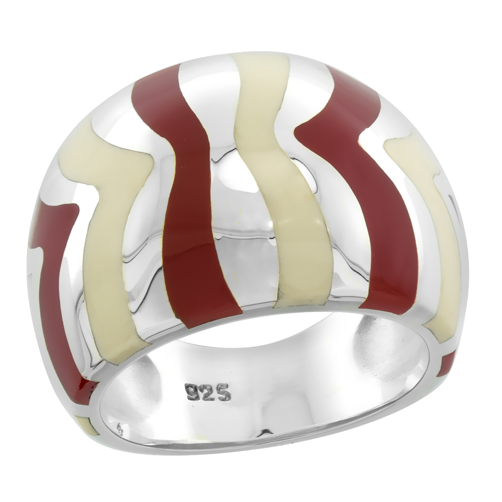 STERLING SILVER HIGH POLISHED DOMED RING RED & WHITE STRIPES ENAMEL 5/8 INCH WIDE SIZES 6 TO 10