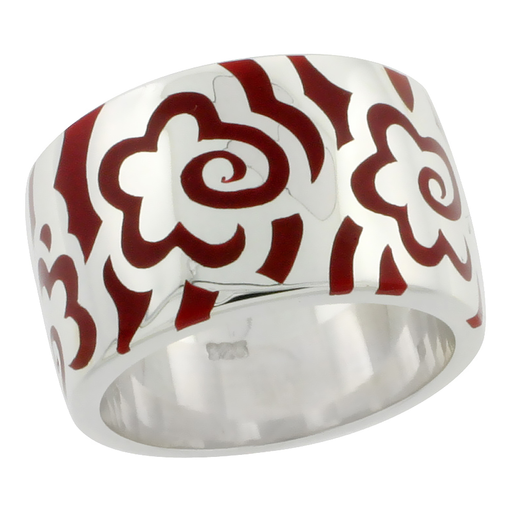 Sterling Silver High Polished Flower Ring Red Enamel 15/32 inch wide, sizes 6 to 10