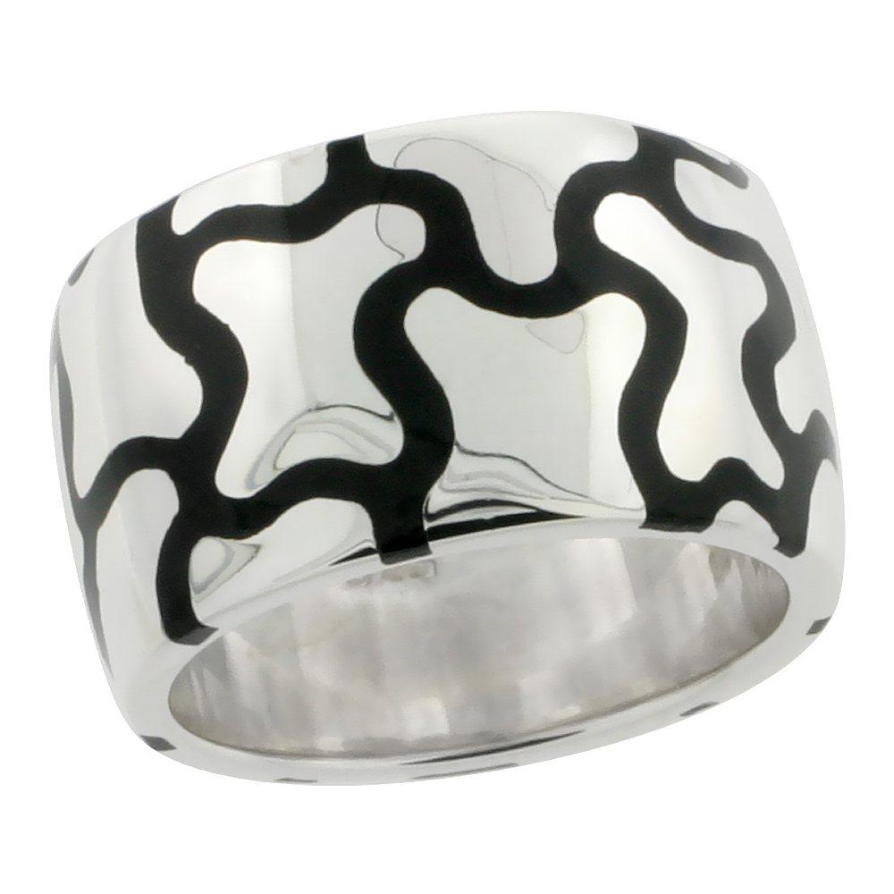 Sterling Silver High Polished Jigsaw Puzzle Ring Black Enamel 15/32 inch wide, sizes 6 to 10