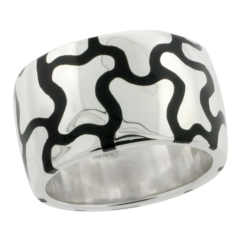 STERLING SILVER HIGH POLISHED JIGSAW PUZZLE RING BLACK ENAMEL 15/32 INCH WIDE SIZES 6 TO 10