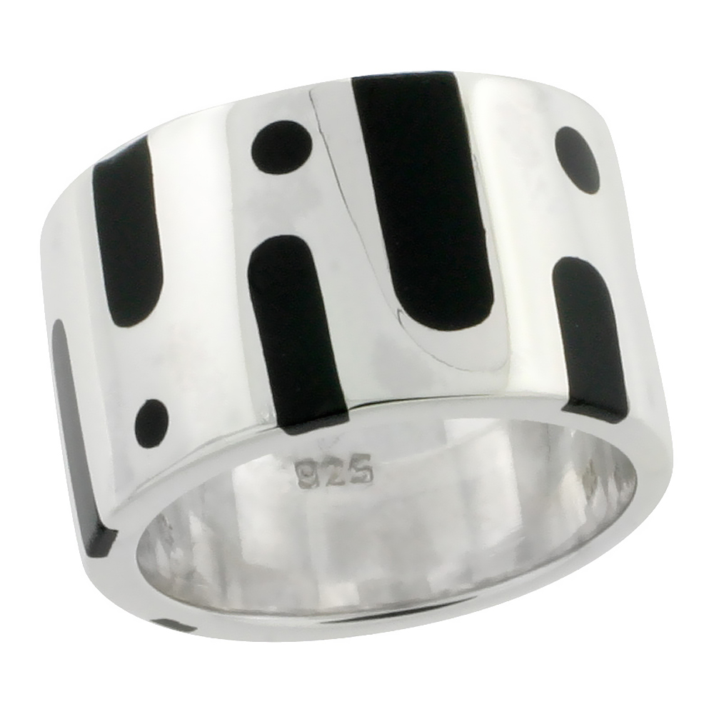 Sterling Silver High Polished Dots &amp; Lines Ring Black Enamel 1/2 inch wide, sizes 6 to 10