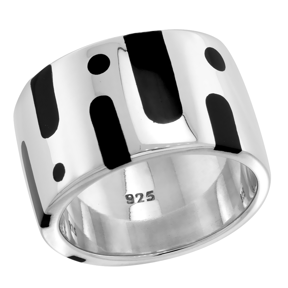 STERLING SILVER HIGH POLISHED DOTS & LINES RING BLACK ENAMEL 1/2 INCH WIDE SIZES 6 TO 10