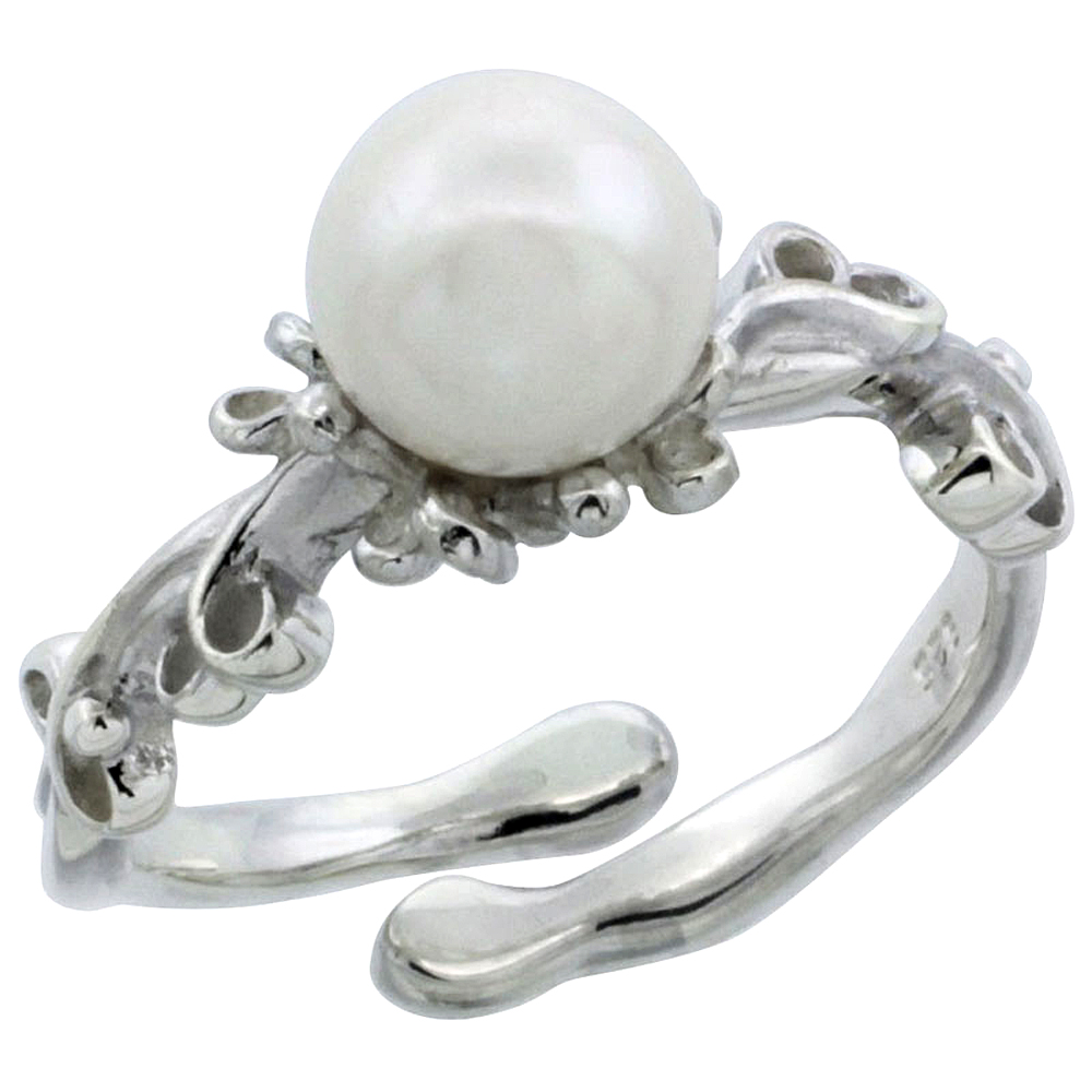 STERLING SILVER PEARL RING FOR WOMEN FLORAL SHANK OPEN BOTTOM 5/16 INCH WIDE SIZES 5-10