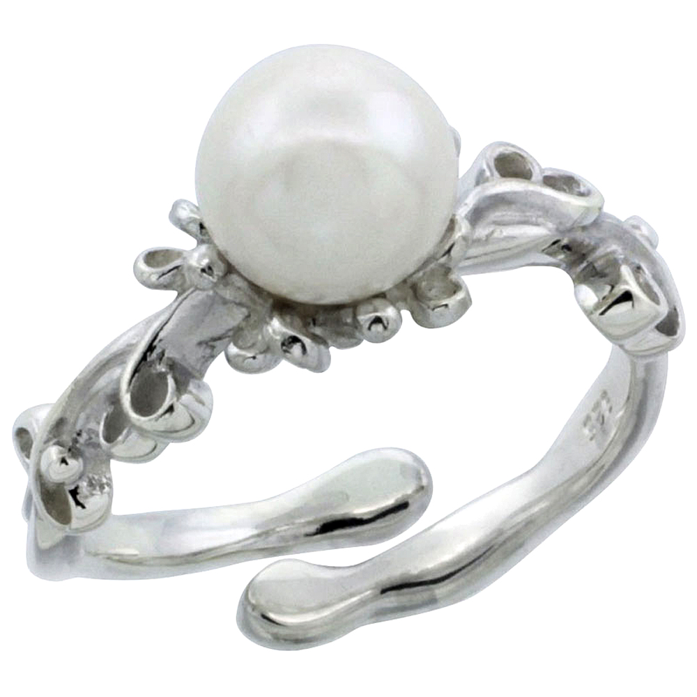 Sterling silver Pearl Ring for Women Floral Shank Open Bottom 5/16 inch wide sizes 5-10