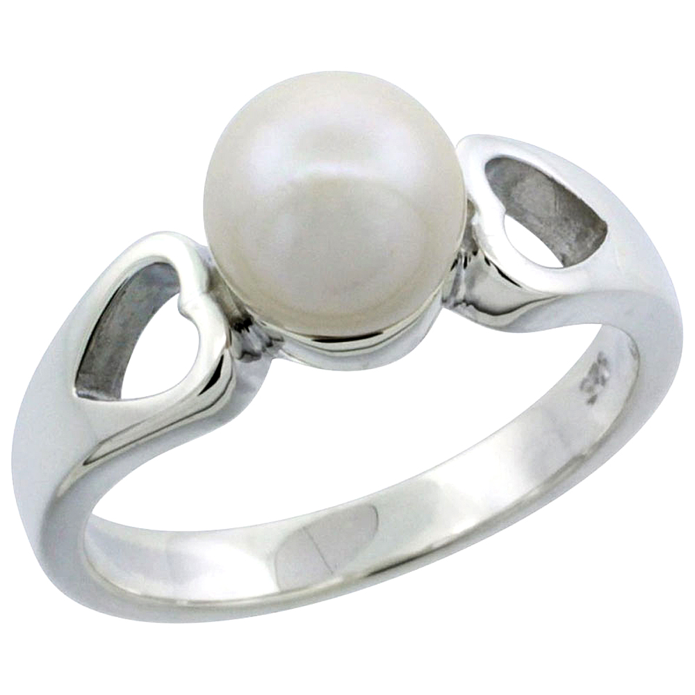 STERLING SILVER PEARL RING FOR WOMEN DOUBLE HEART CUT OUT 1/4 INCH WIDE SIZES 5-10