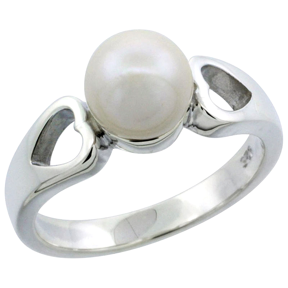 Sterling silver Pearl Ring for Women Double Heart Cut Out 1/4 inch wide sizes 5-10