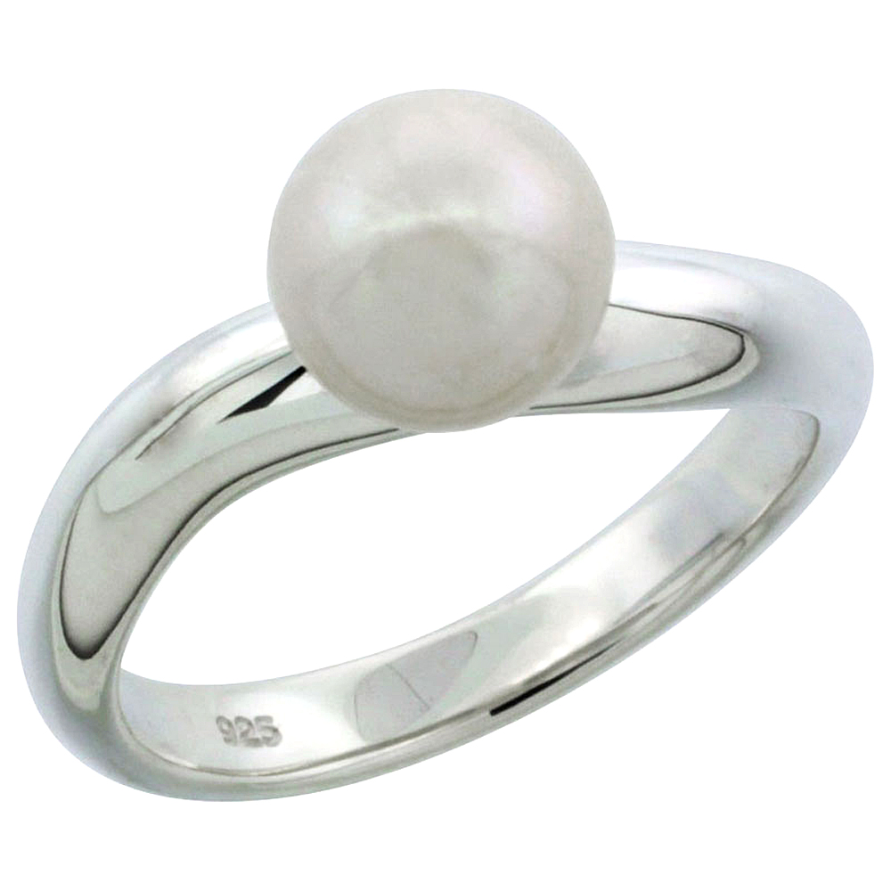 STERLING SILVER PEARL RING FOR WOMEN WAVY SHANK 7.5MM 1/8 INCH WIDE SIZES 5-10