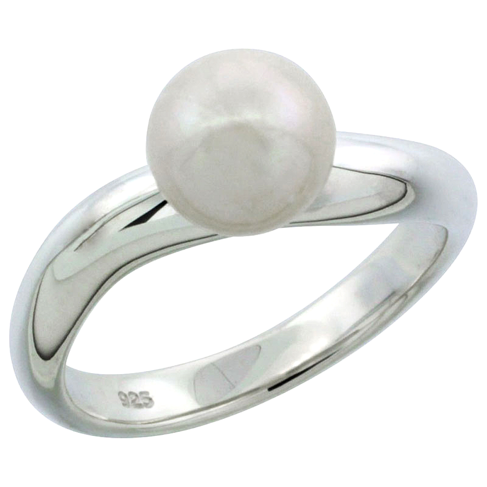 Sterling silver Pearl Ring for Women Wavy Shank 7.5mm 1/8 inch wide sizes 5-10