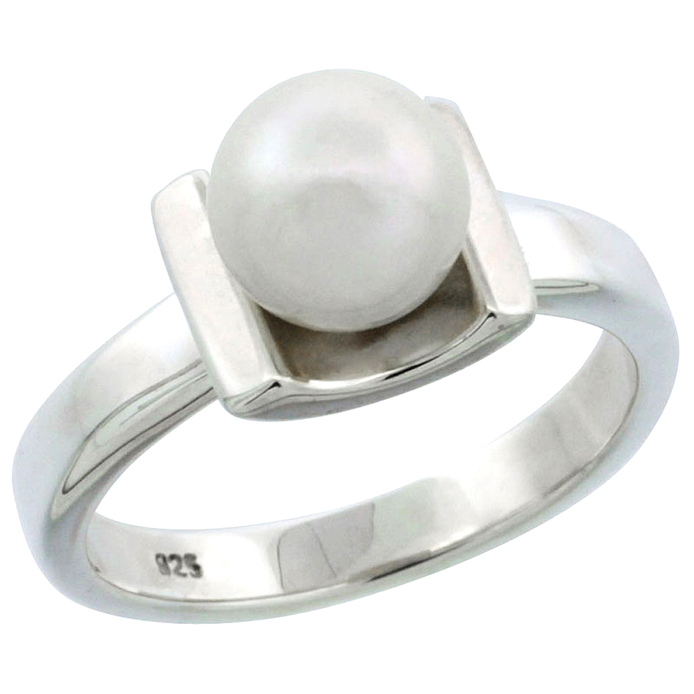 Sterling silver Pearl Cup Ring for Women 7.5mm 1/8 inch wide sizes 5-10