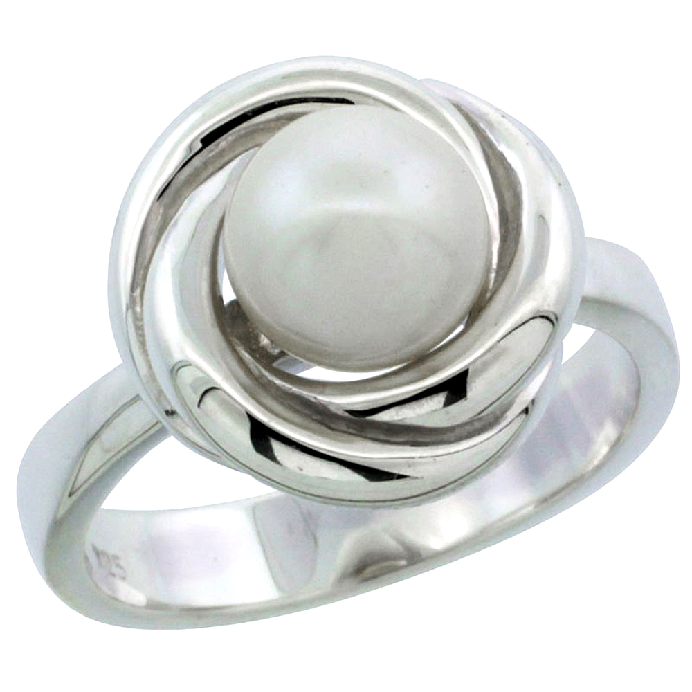 STERLING SILVER PEARL RING FOR WOMEN WHIRL 17/32 INCH WIDE SIZES 5-10