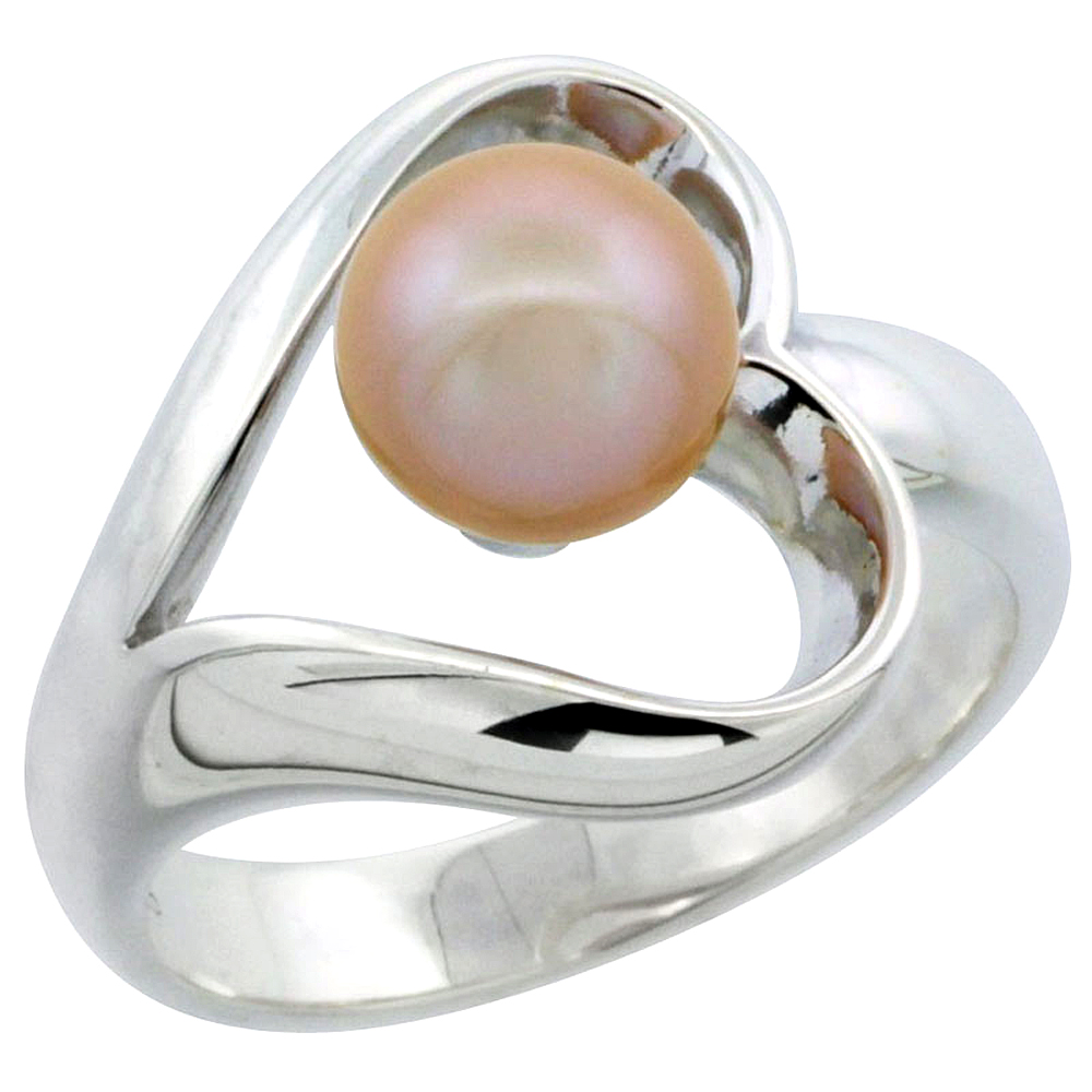 STERLING SILVER PINK PEARL HEART RING FOR WOMEN 19/32 INCH WIDE SIZES 5-10