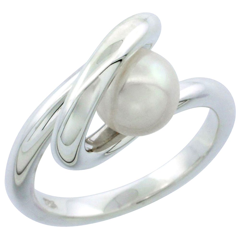 STERLING SILVER PEARL RING FOR WOMEN SPIRAL 3/8 INCH WIDE SIZES 5-10