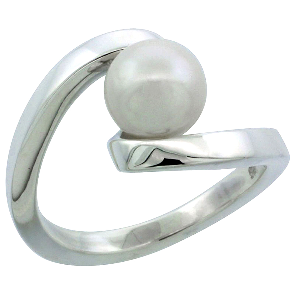STERLING SILVER PEARL RING FOR WOMEN SWIRL 7/16 INCH WIDE SIZES 5-10