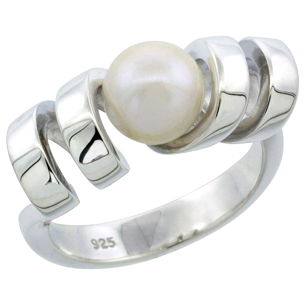 STERLING SILVER PEARL RING FOR WOMEN CORKSCREW SPIRAL 5/16 INCH WIDE SIZES 5-10