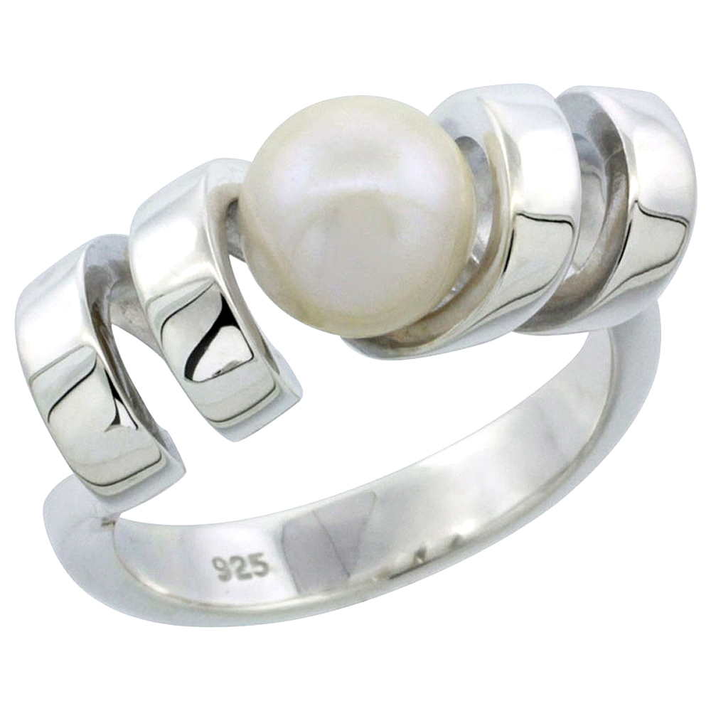 Sterling silver Pearl Ring for Women Corkscrew Spiral 5/16 inch wide sizes 5-10