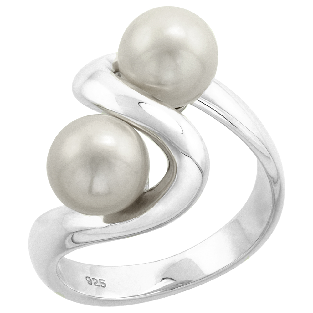 STERLING SILVER SILVER 2 PEARL RING FOR WOMEN WHITE PEARLS 5/8 INCH WIDE SIZES 5-10