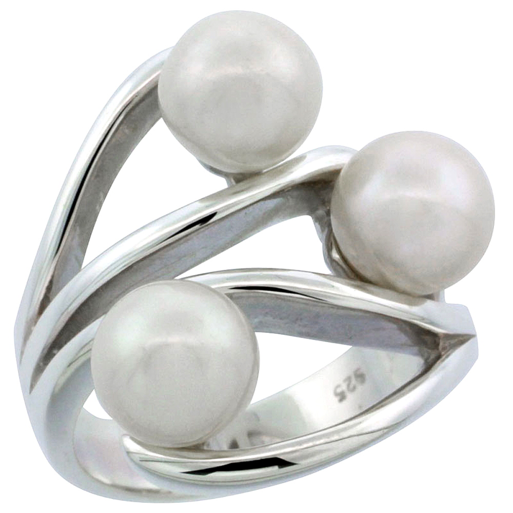 STERLING SILVER SILVER TRIPLE PEARL RING FOR WOMEN 7/8 INCH WIDE SIZES 5-10