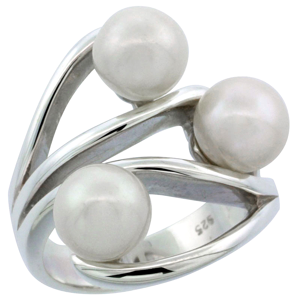 Sterling Silver Silver Triple Pearl Ring for Women 7/8 inch wide sizes 5-10