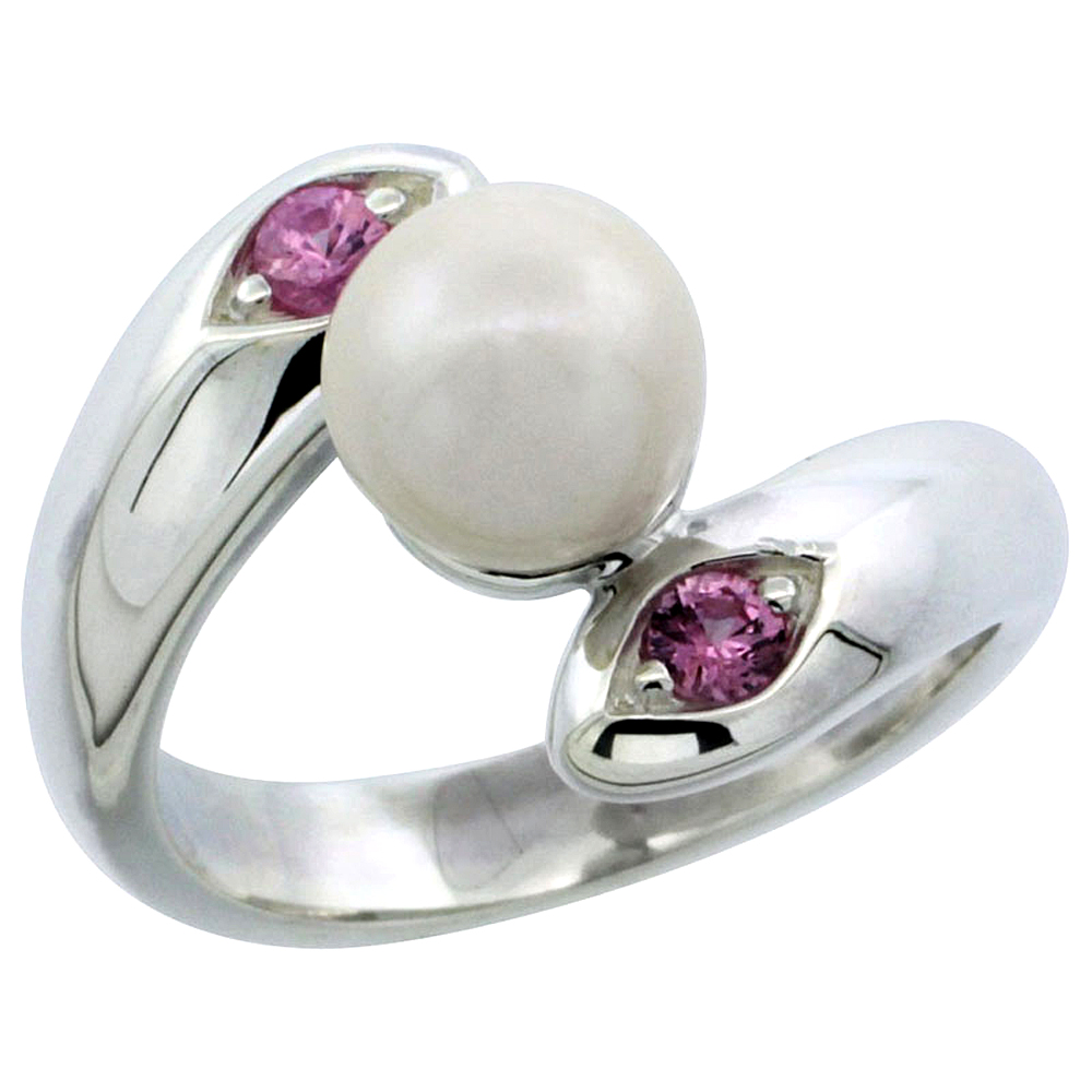 STERLING SILVER BYPASS PEARL RING FOR WOMEN AMETHYST CUBIC ZIRCONIA ACCENT 5/8 INCH SIZES 5- 10