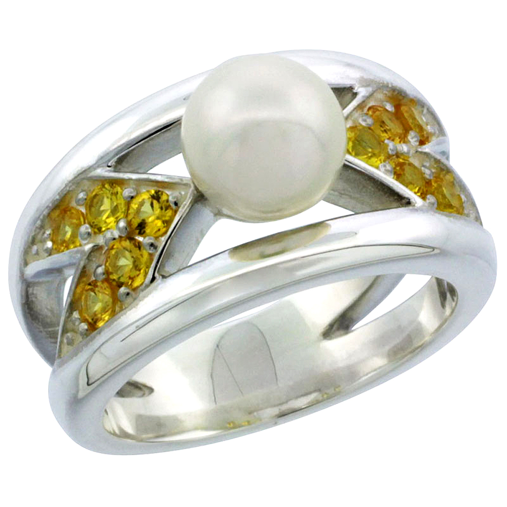 STERLING SILVER PEARL RING FOR WOMEN CHEVRON PATTERN CITRINE CZ ACCENT 7/16 INCH SIZES 5 TO 10