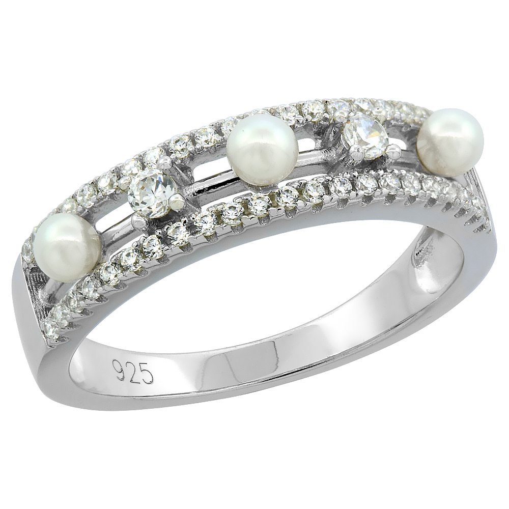 STERLING SILVER 3 PEARL RING FOR WOMEN CUBIC ZIRCONIA ACCENT 3/16 INCH SIZES 6 TO 9