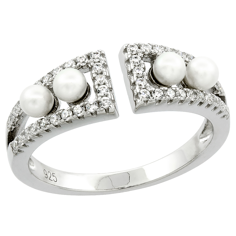 STERLING SILVER 4 PEARL RING FOR WOMEN CUBIC ZIRCONIA ACCENT 1/4 INCH SIZES 6 TO 9