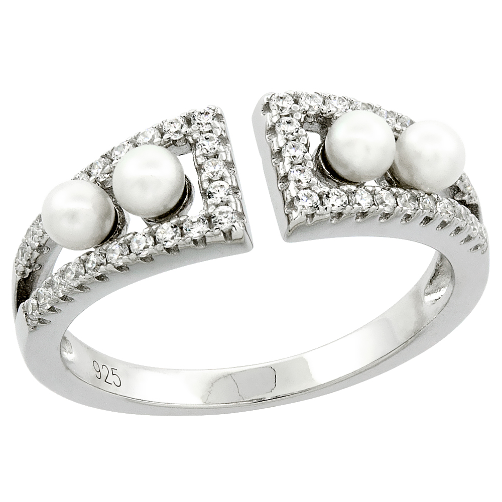 Sterling Silver 4 Pearl Ring for Women Cubic Zirconia Accent 1/4 inch sizes 6 to 9
