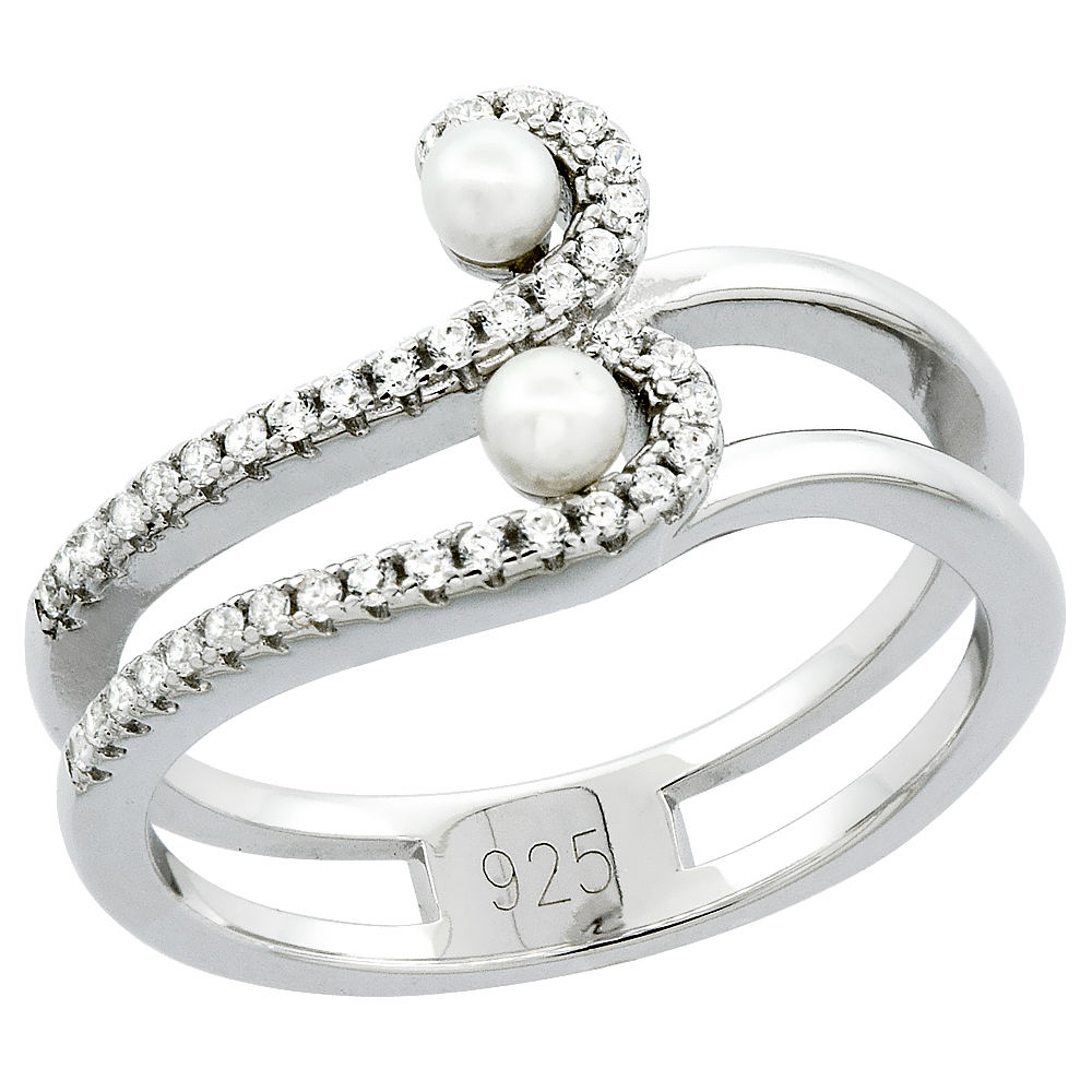 STERLING SILVER 3 PEARL WAVE RING FOR WOMEN CUBIC ZIRCONIA ACCENT 7/16 INCH SIZES 6 TO 9