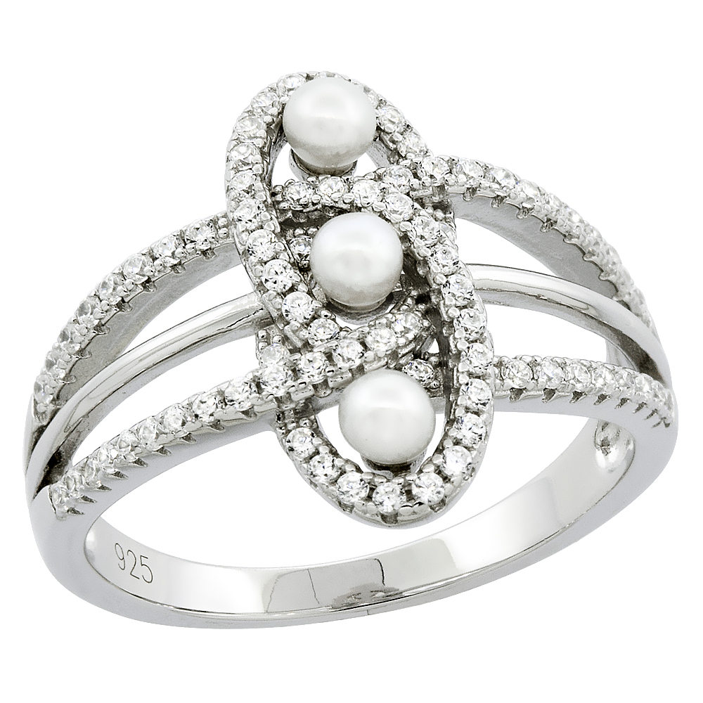 Sterling Silver 3 Pearl Knot Ring for Women Cubic Zirconia Accent 5/8 inch sizes 6 to 9