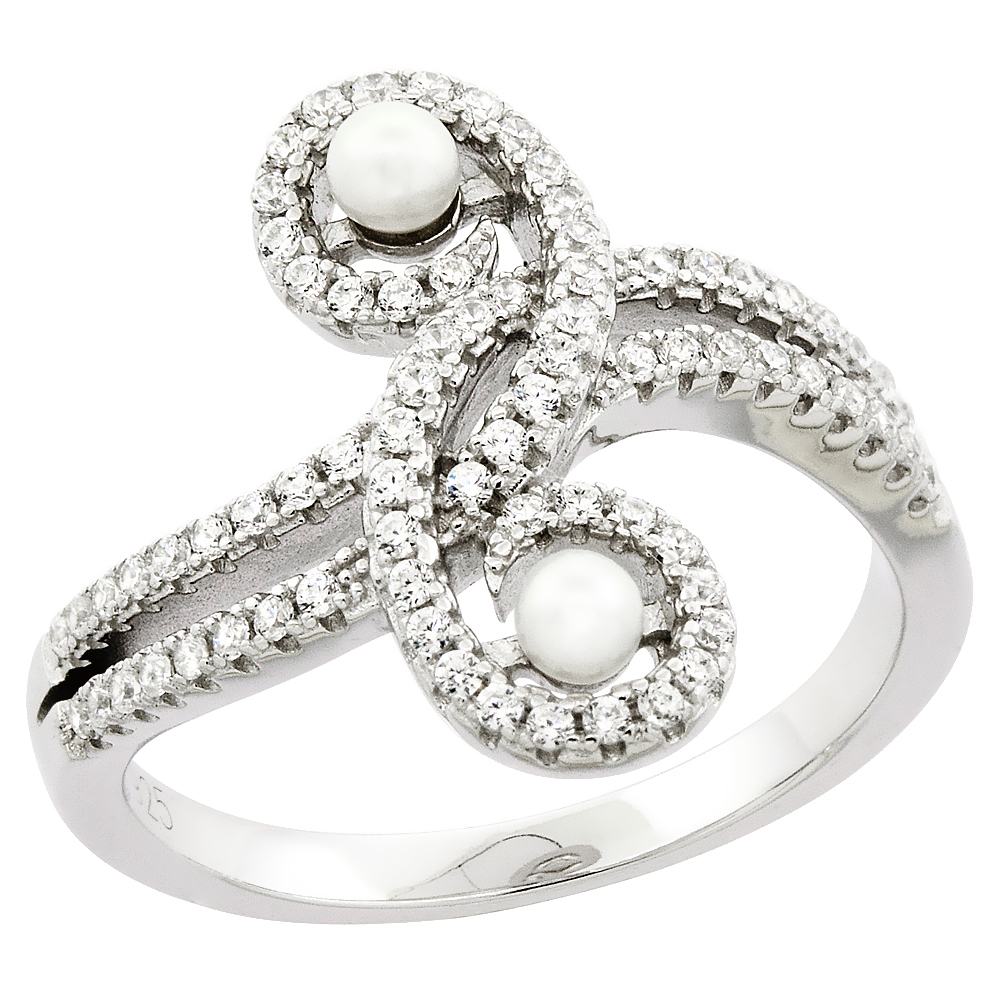 STERLING SILVER 2 PEARL SWIRL RING FOR WOMEN CUBIC ZIRCONIA ACCENT 3/4 INCH SIZES 6 TO 9