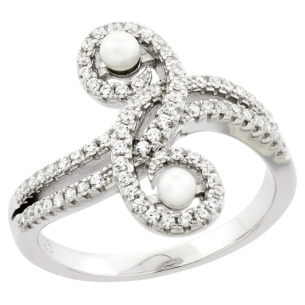 Sterling Silver 2 Pearl Swirl Ring for Women Cubic Zirconia Accent 3/4 inch sizes 6 to 9