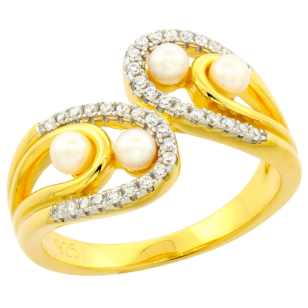 Sterling Silver Pearl Bypass Ring for Women Cubic Zirconia Accent Gold Plated 1/2 inch sizes 6 to 9