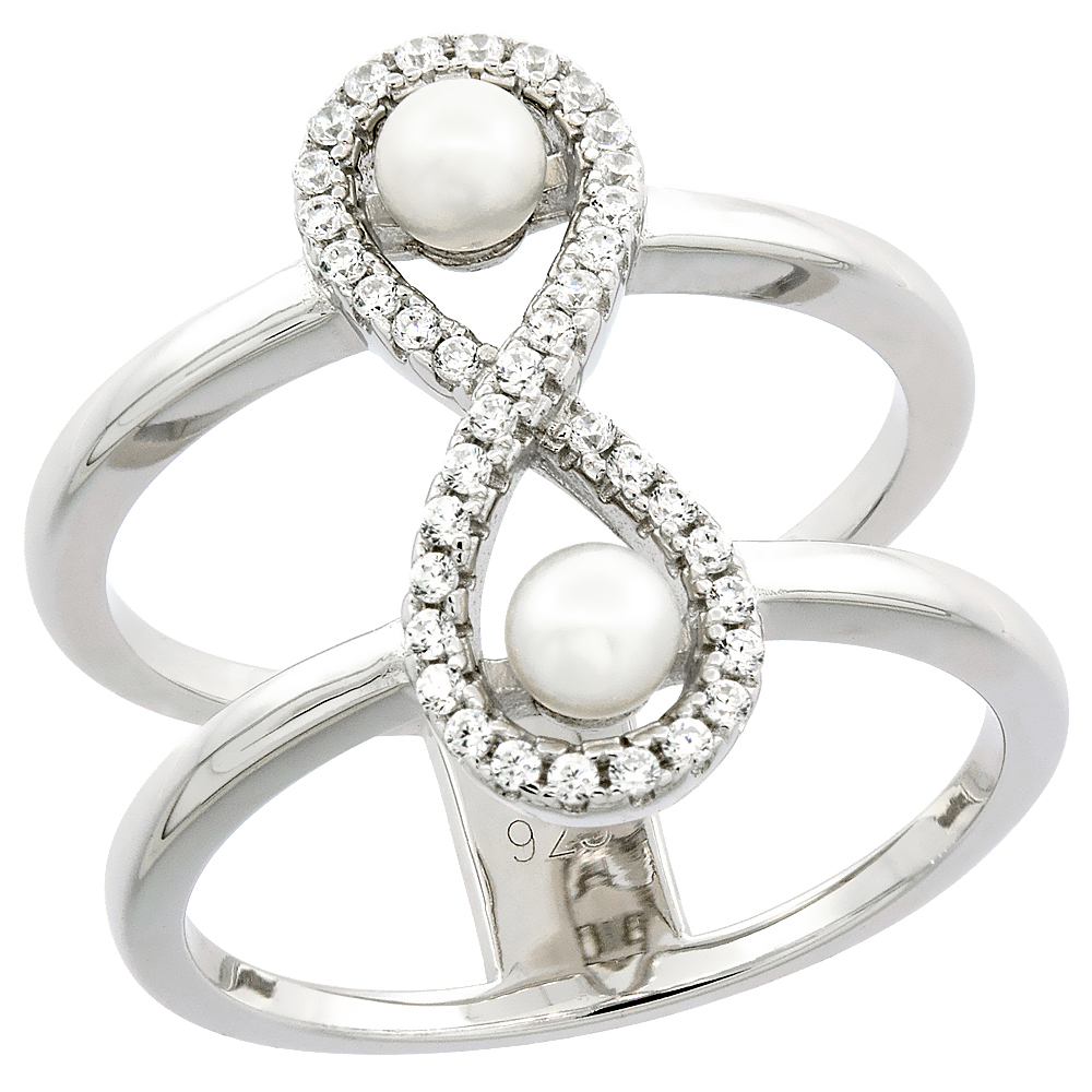 STERLING SILVER 2 PEARL INFINITY RING FOR WOMEN CUBIC ZIRCONIA ACCENT 3/4 INCH SIZES 6 TO 9