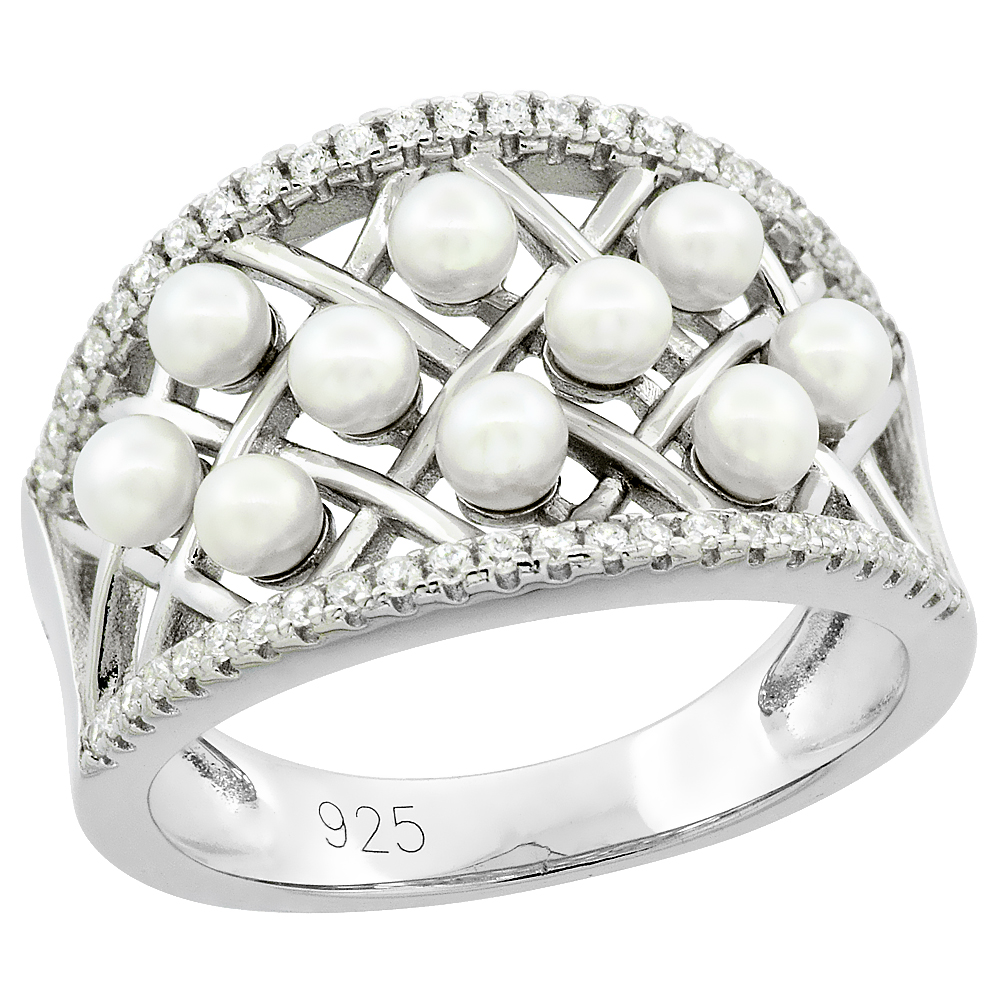 STERLING SILVER CIGAR BAND PEARL RING FOR WOMEN CUBIC ZIRCONIA ACCENT 9/16 INCH SIZES 6 TO 9