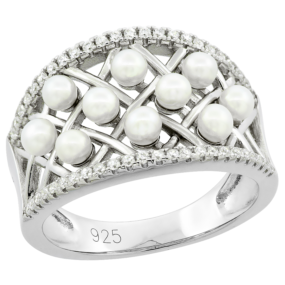 Sterling Silver Cigar Band Pearl Ring for Women Cubic Zirconia Accent 9/16 inch sizes 6 to 9