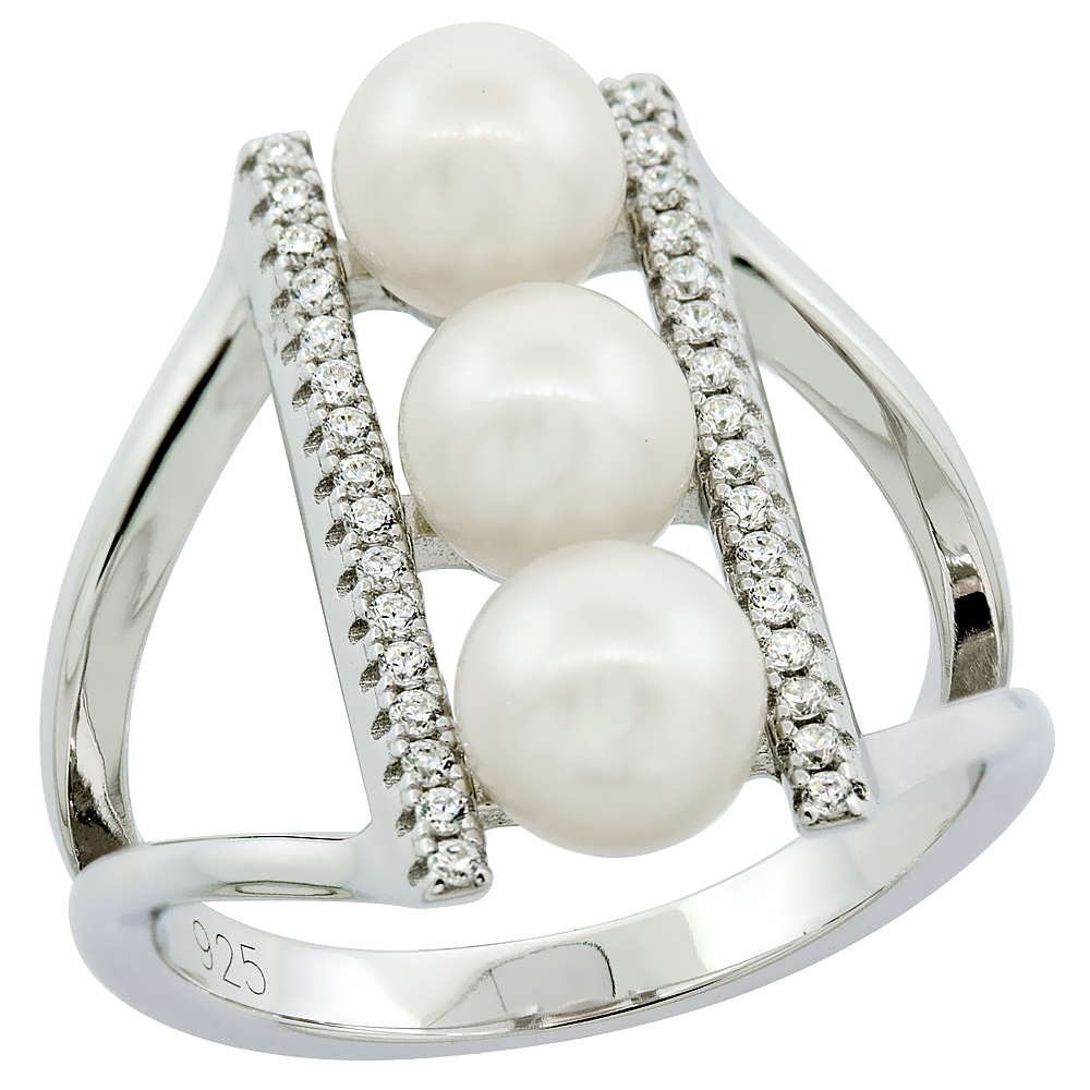 Sterling Silver 3 Pearl Ring for Women Cubic Zirconia Accent 3/4 inch sizes 6 to 9