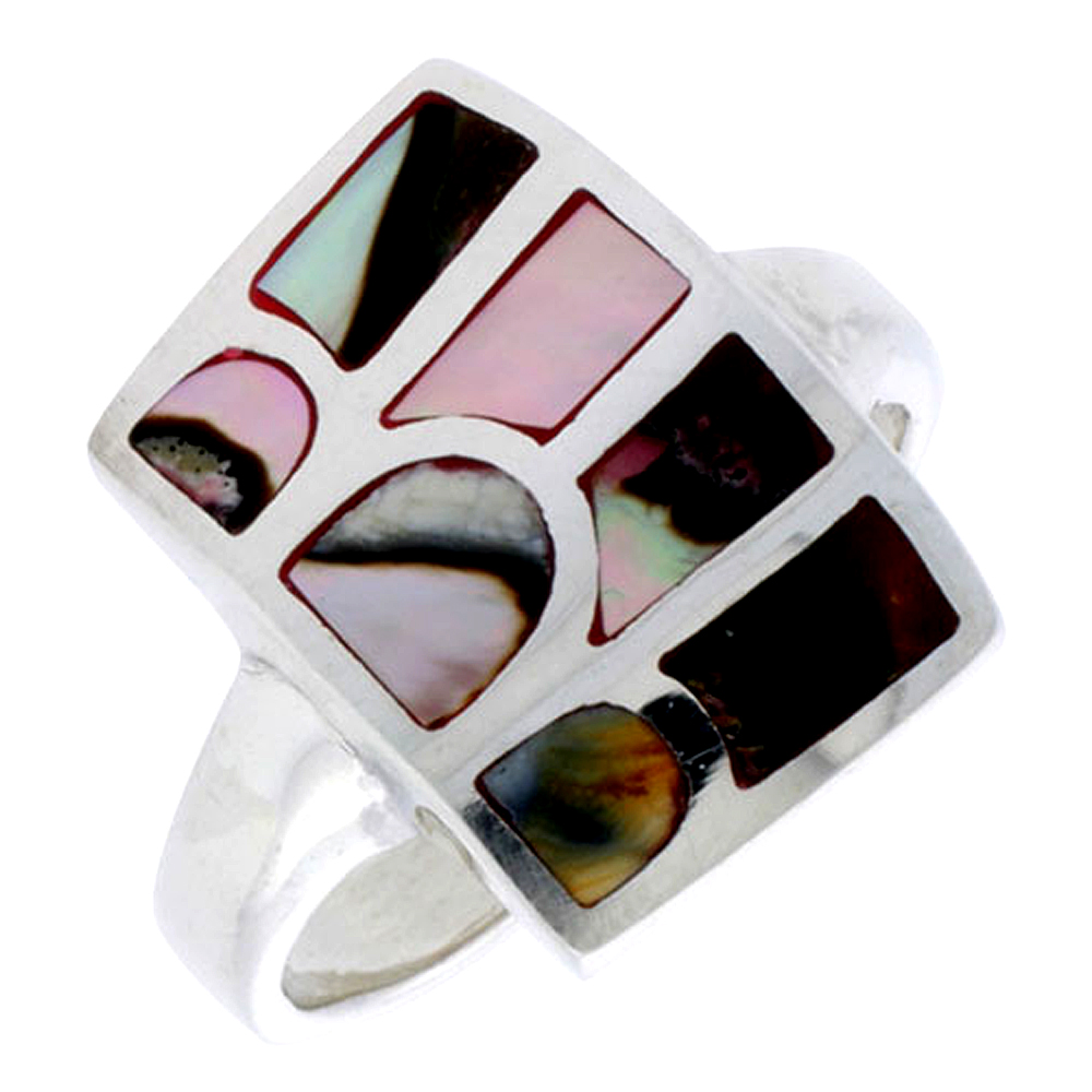 STERLING SILVER STRIPED RECTANGULAR SHELL RING, W/COLORFUL MOTHER OF PEARL INLAY, 13/16" (21 MM) WIDE