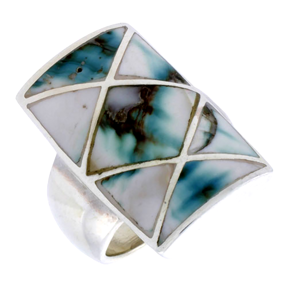 STERLING SILVER CRISSCROSS RECTANGULAR SHELL RING, W/BLACK & WHITE MOTHER OF PEARL INLAY, 15/16" (24 MM) WIDE
