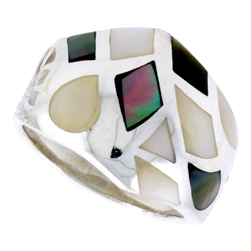 STERLING SILVER FREEFORM SHELL RING, W/BLACK & WHITE MOTHER OF PEARL INLAY, 3/4" (19 MM) WIDE