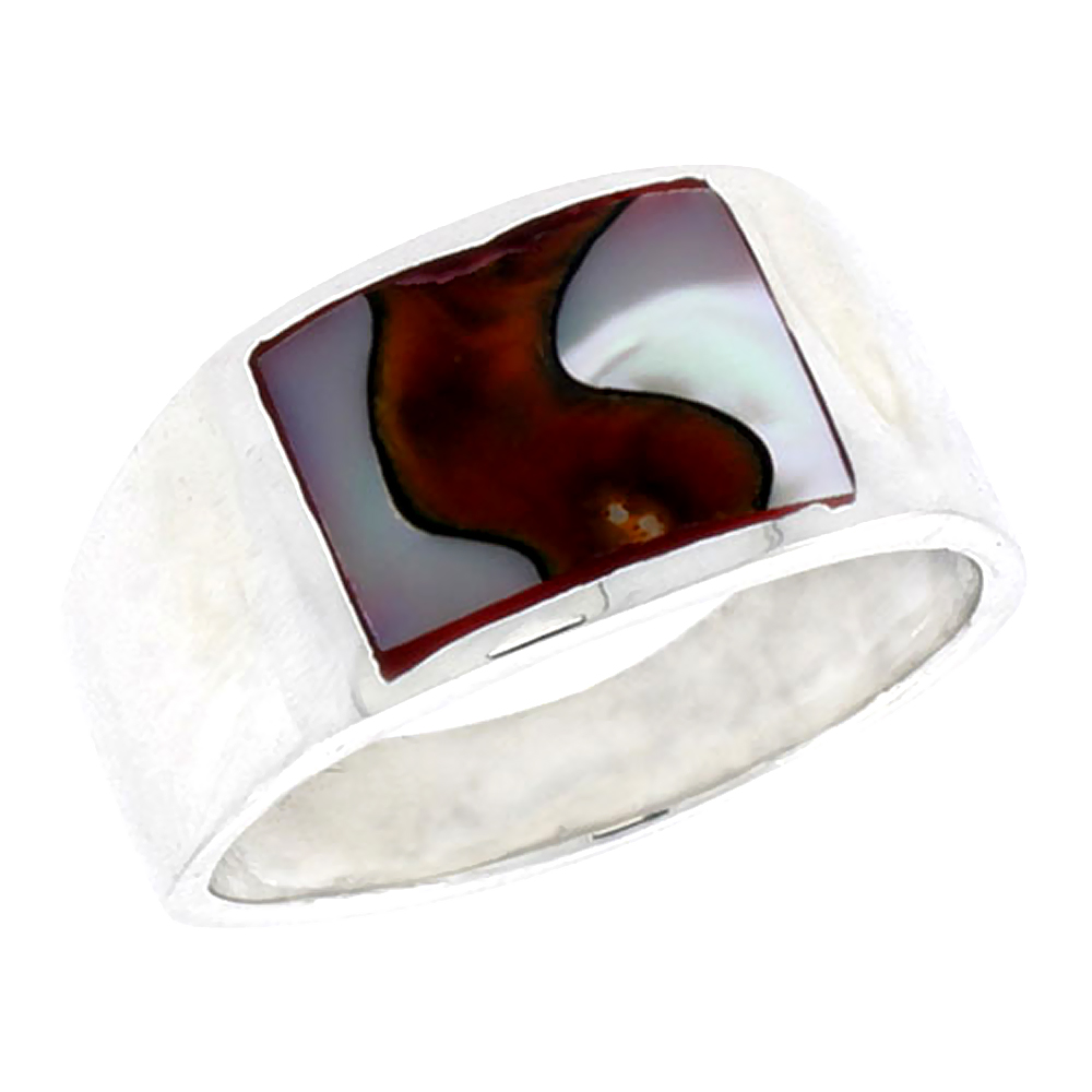 STERLING SILVER FLAT BAND, W/COLORFUL MOTHER OF PEARL INLAY, 7/16" (11 MM) WIDE