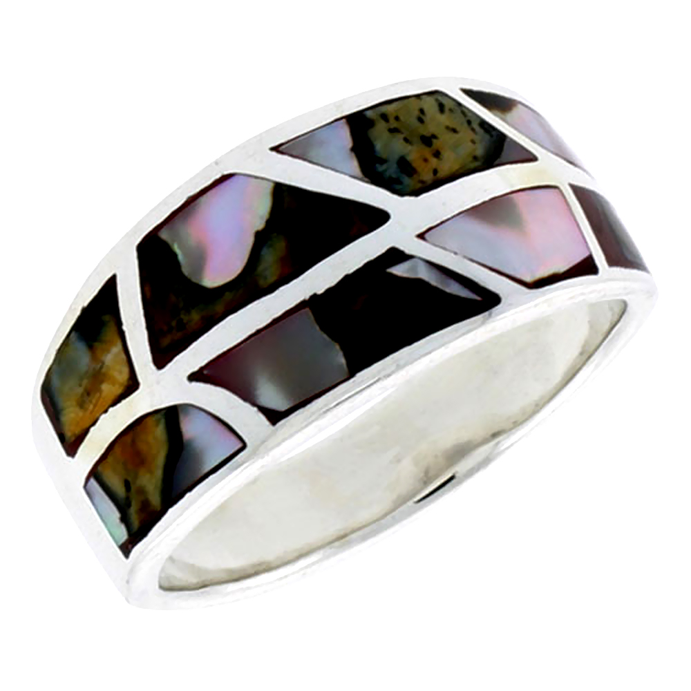 STERLING SILVER FLAT BAND, W/BROWN & WHITE MOTHER OF PEARL INLAY, 1/2" (12 MM) WIDE