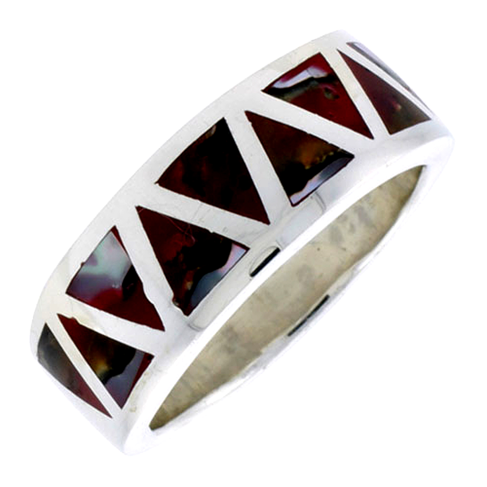 STERLING SILVER TRIANGULAR PATTERN FLAT BAND, W/COLORFUL MOTHER OF PEARL INLAY, 3/8" (10 MM) WIDE